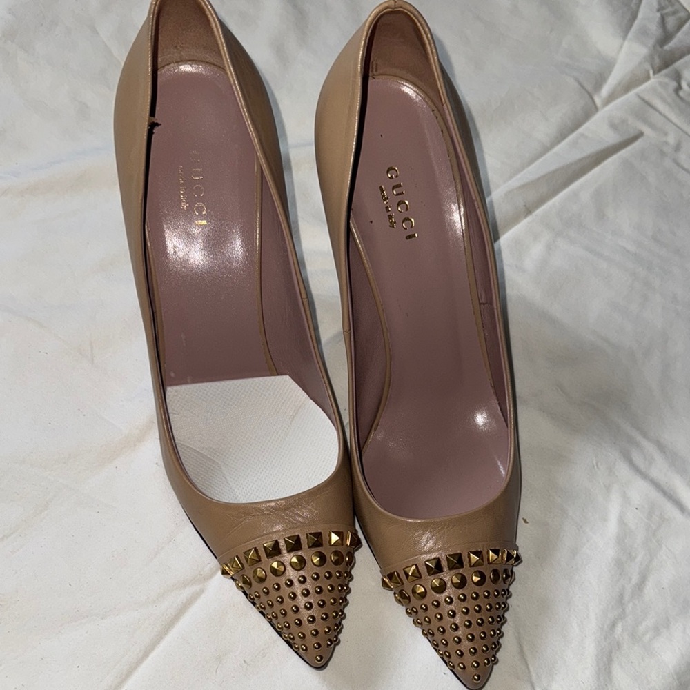 Gucci Tan Stiletto Heels with Gold Studs